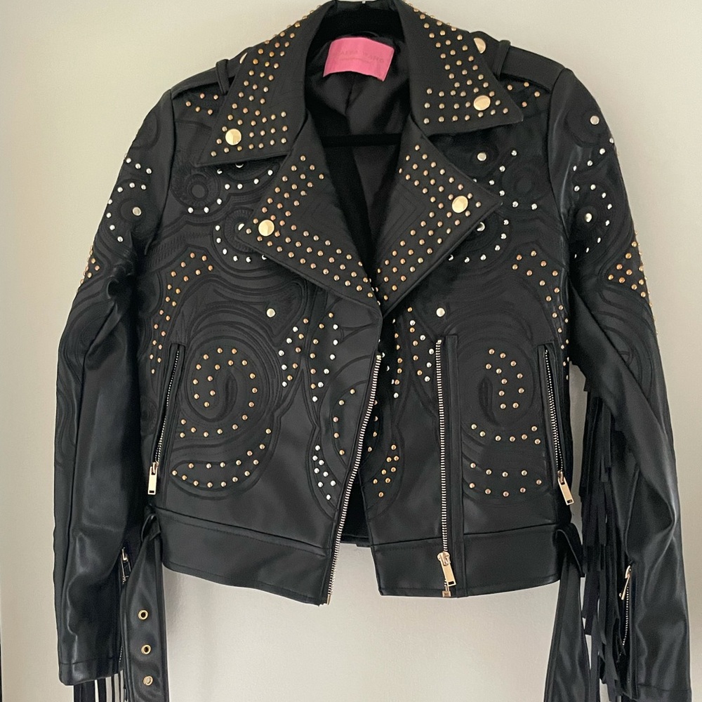 Fringe Studded Embroidered Faux Leather jacket SM